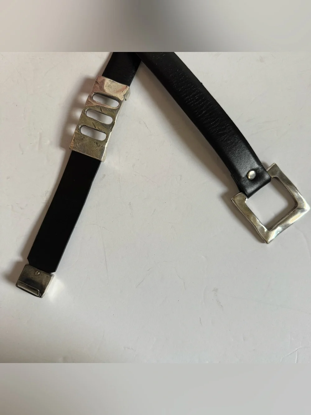Vtg Sandy Duftler Black Leather Silver Tone Belt M Brutalist Modernist Buckle